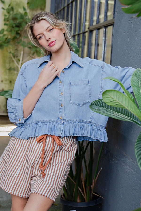 Ruffle & Ready Denim Top - Blush & Cactus