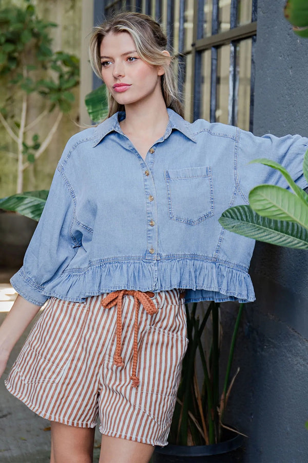 Ruffle & Ready Denim Top - Blush & Cactus