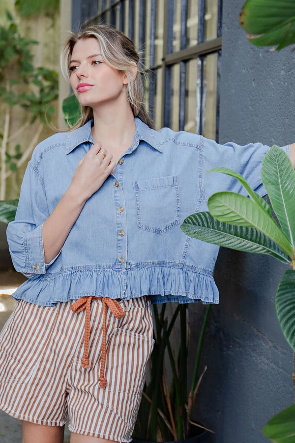 Ruffle & Ready Denim Top - Blush & Cactus