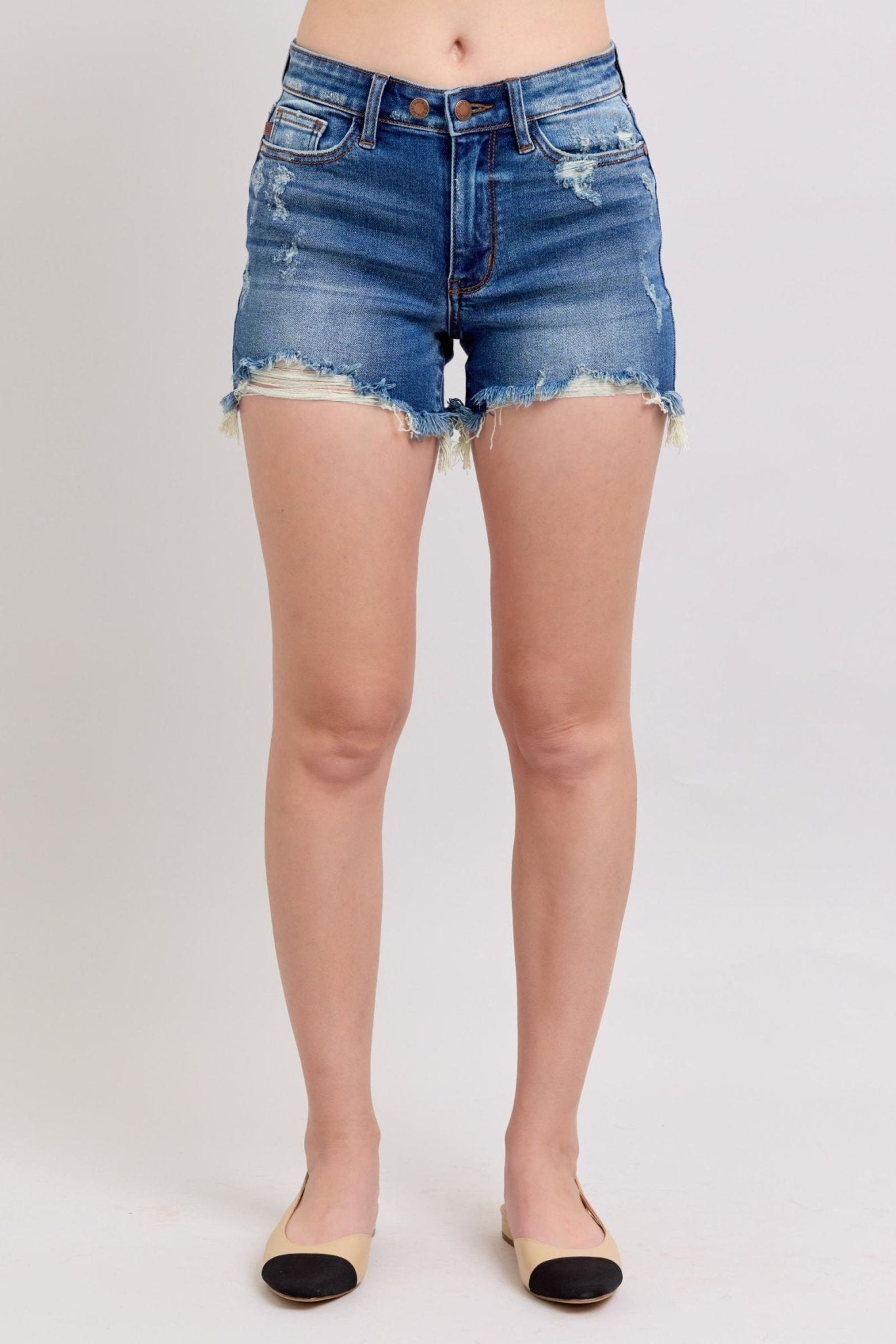 Judy Blue 2 Button Dad shorts w/destroy - Blush & Cactus