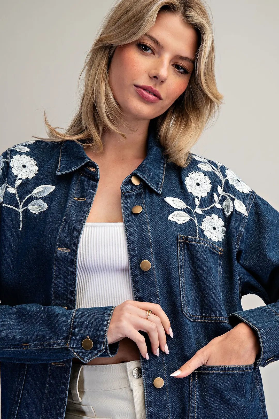 eesome Bleach Washed Embroidered Jacket - Blush & Cactus