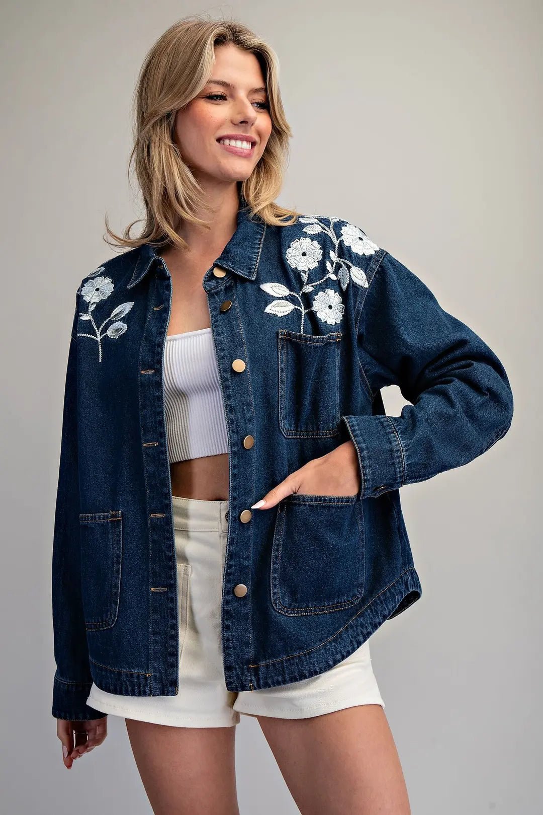 eesome Bleach Washed Embroidered Jacket - Blush & Cactus