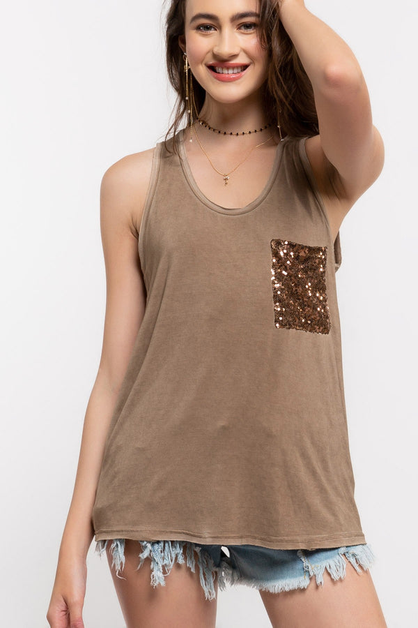 POL Sequin Pocket Sleeveless Knit Top  - 2 Colors