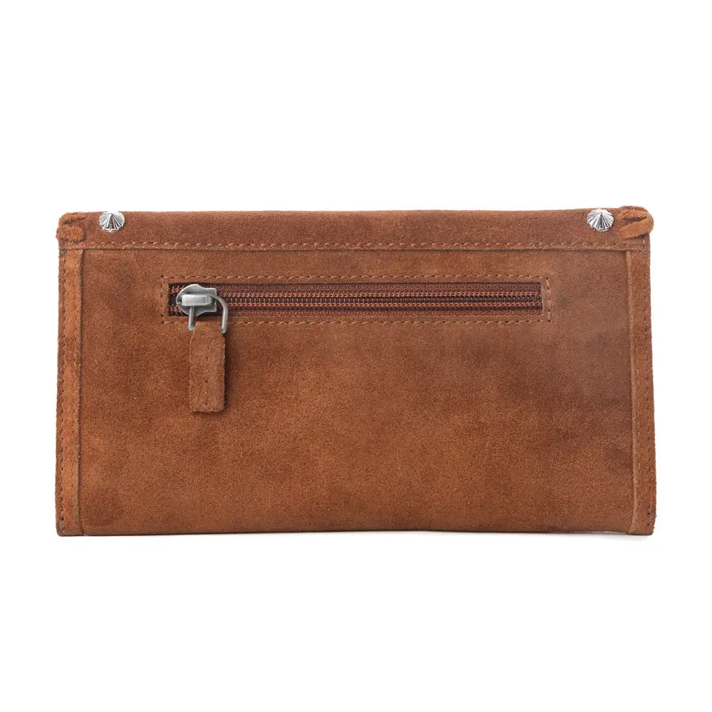 Myra Yellowstone Briar Meadow Studded Suede Leather Women’S Purse in Desert Tan