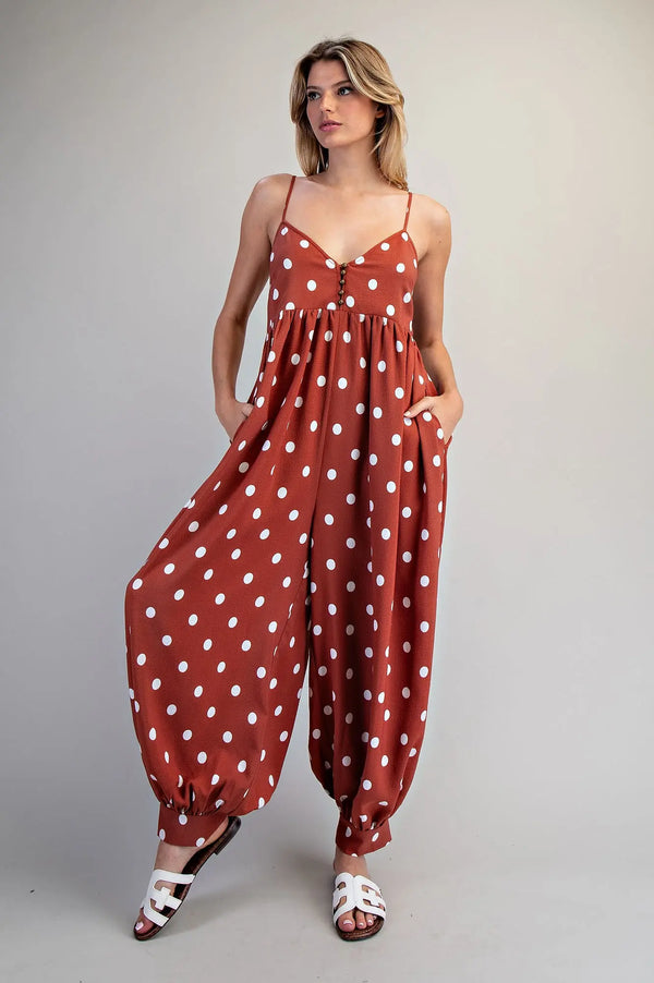 eesome Polka Dot Button Down Harem Jumpsuit - Blush & Cactus
