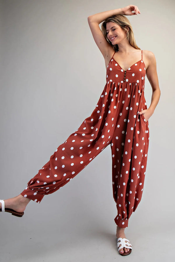 eesome Polka Dot Button Down Harem Jumpsuit - Blush & Cactus
