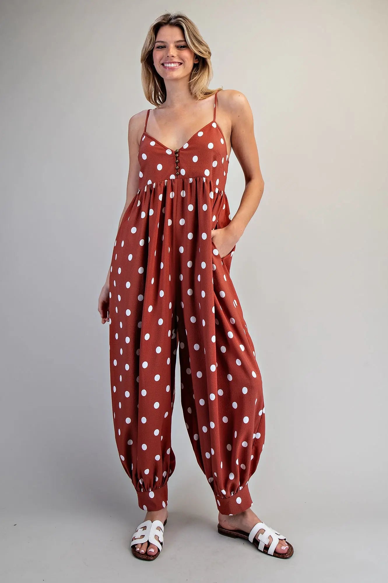 eesome Polka Dot Button Down Harem Jumpsuit - Blush & Cactus