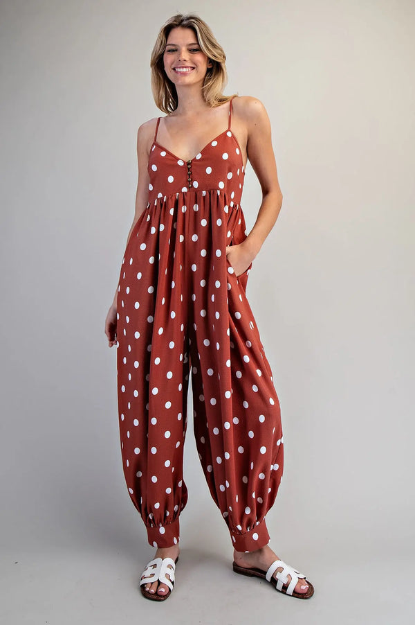 eesome Polka Dot Button Down Harem Jumpsuit - Blush & Cactus