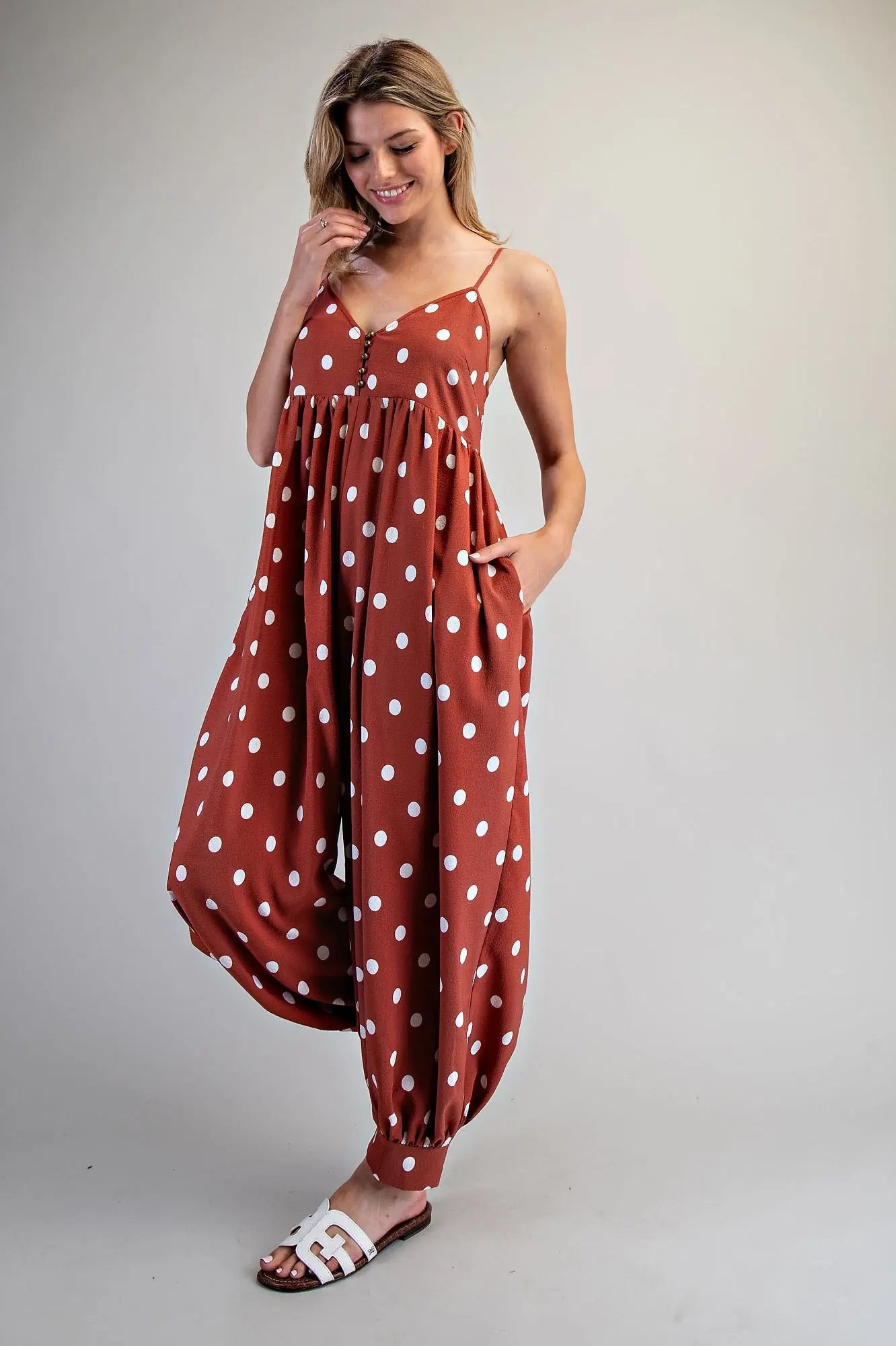 eesome Polka Dot Button Down Harem Jumpsuit - Blush & Cactus