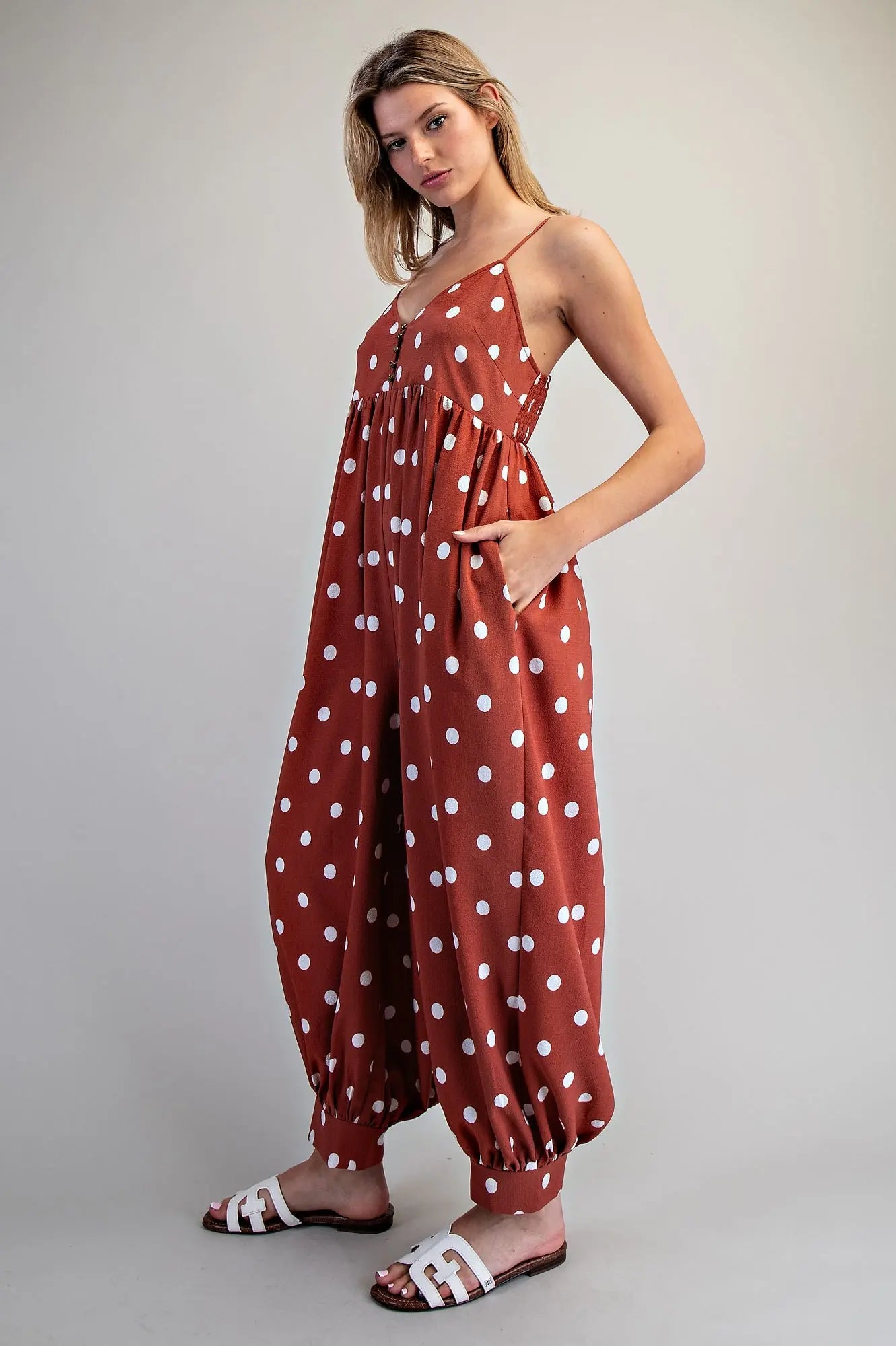 eesome Polka Dot Button Down Harem Jumpsuit - Blush & Cactus