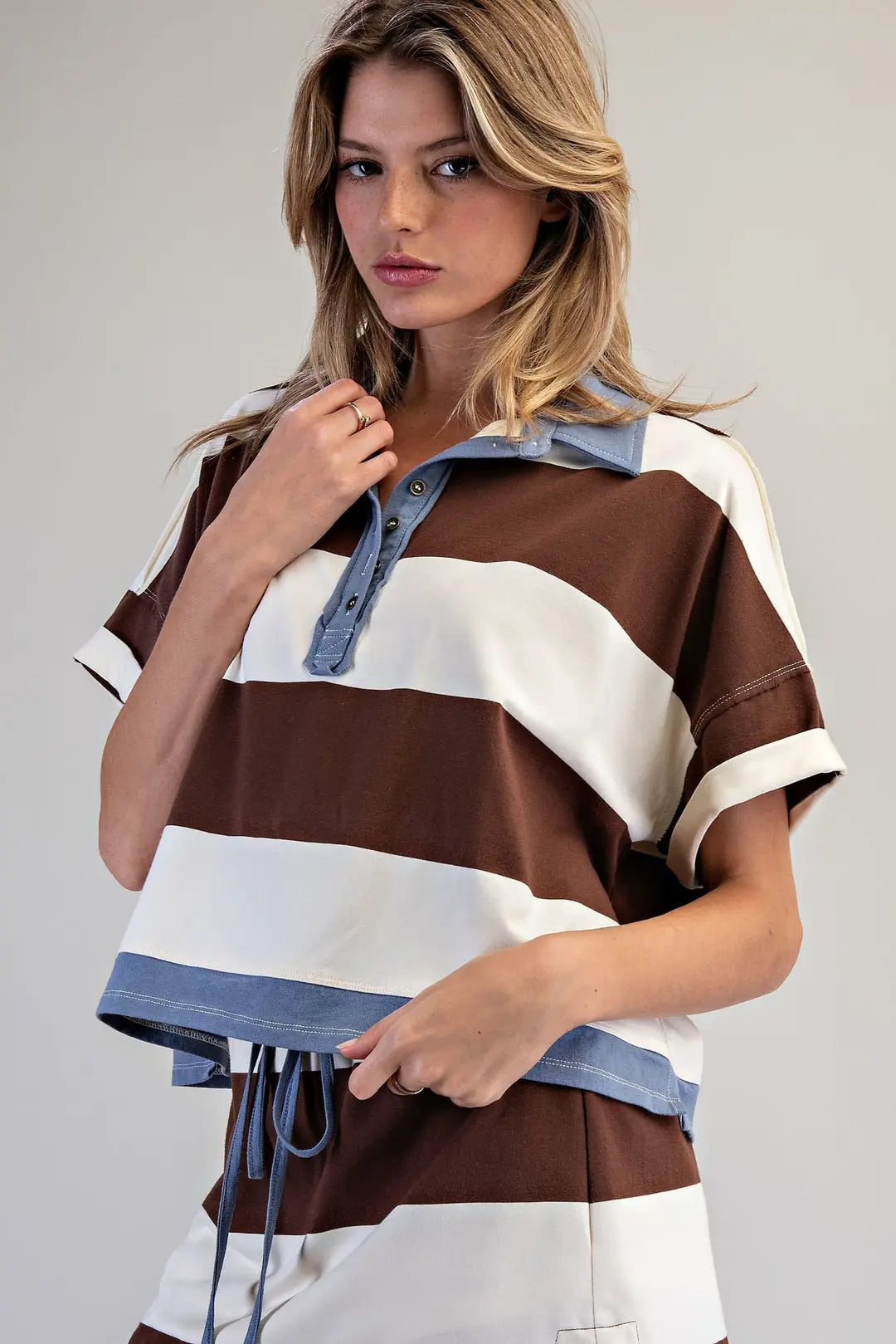 Enzyme Washed Striped Polo Top & Skort Set