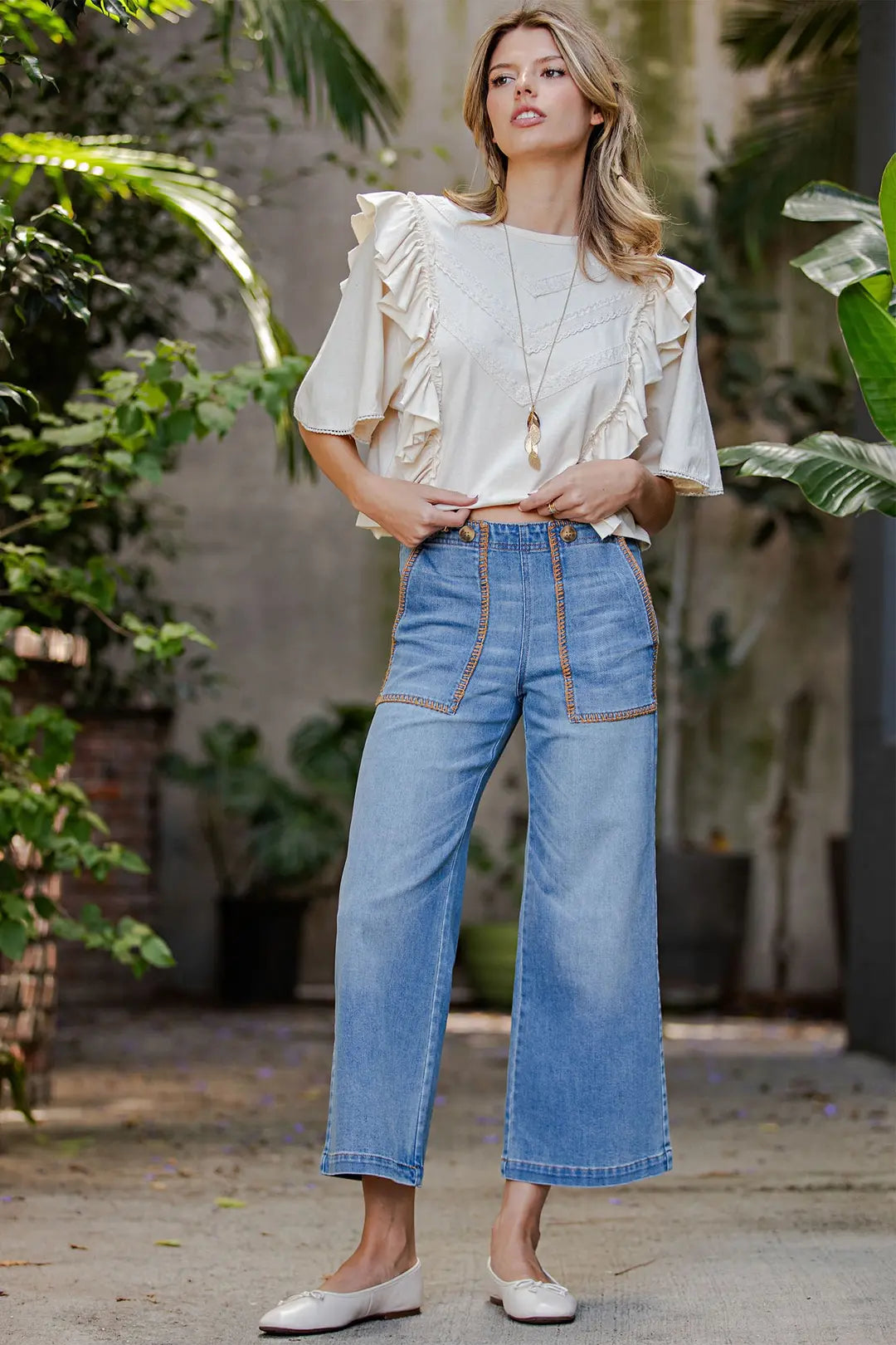 Whipstitch Denim Cropped Pants