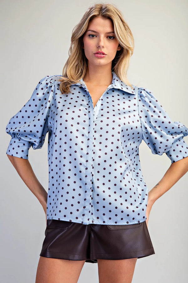 eesome Polka Dot Satin Puff Sleeve Blouse - Blush & Cactus