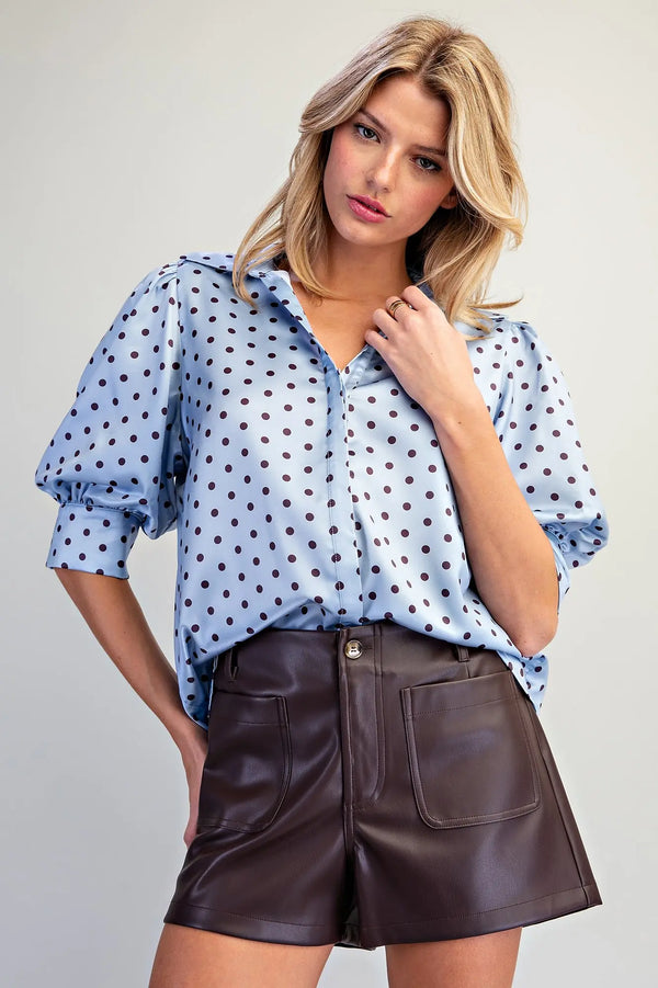 eesome Polka Dot Satin Puff Sleeve Blouse - Blush & Cactus