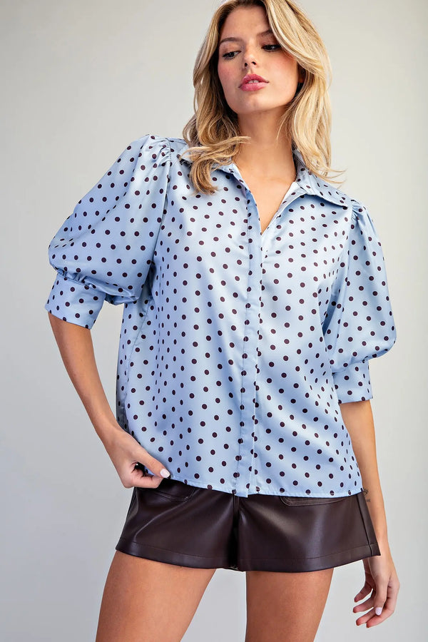 eesome Polka Dot Satin Puff Sleeve Blouse - Blush & Cactus