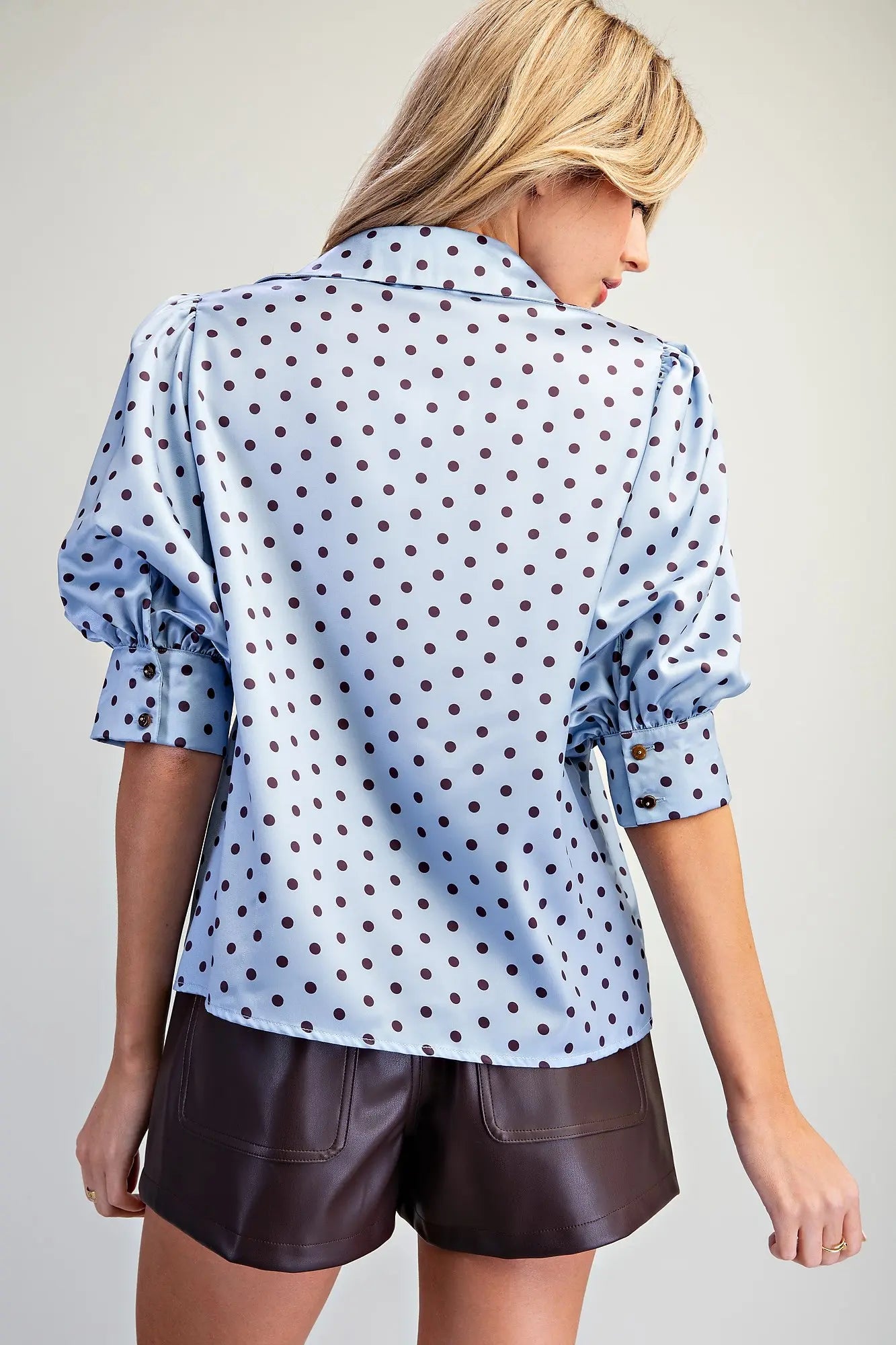 eesome Polka Dot Satin Puff Sleeve Blouse - Blush & Cactus