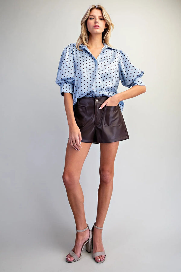 eesome Polka Dot Satin Puff Sleeve Blouse - Blush & Cactus