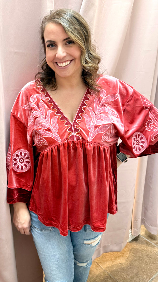 SALE Veveret Valentine Vintage Embroidery Patch Velvet Top