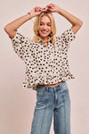 Bibi Polka Dot Printed Peplum Top With Front Button - Blush & Cactus