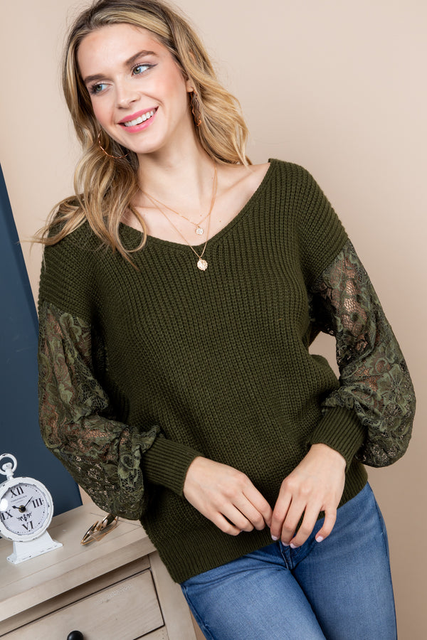 Lace Sleeve Twist Back Pullover Sweater