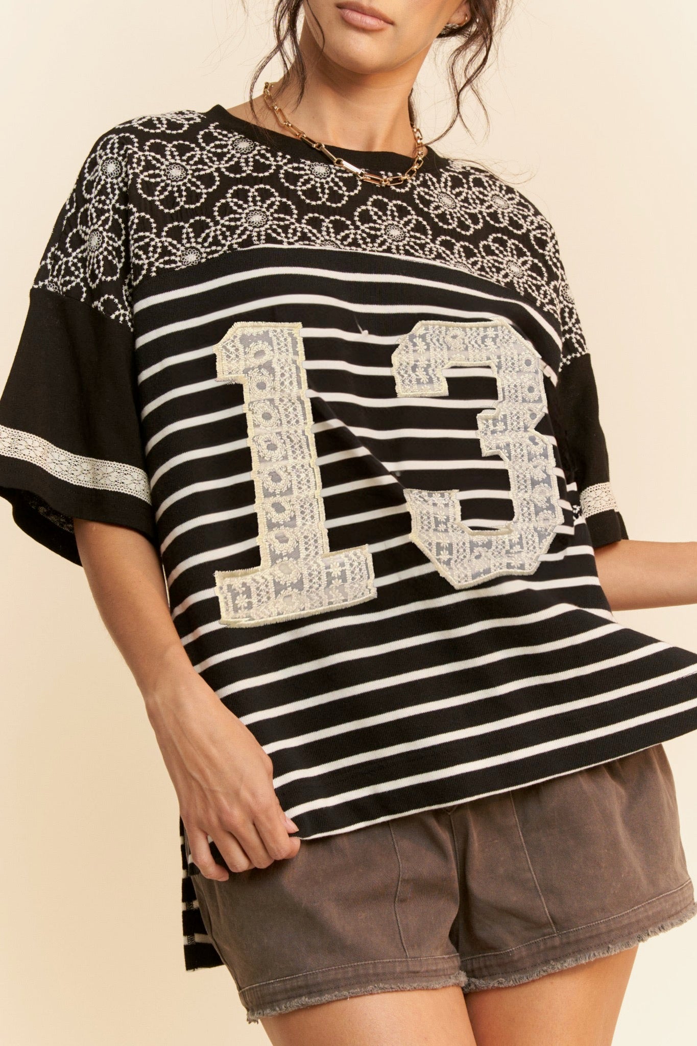 Davi & Dani Lace 13 Number Patches Yoke Short Sleeve Top