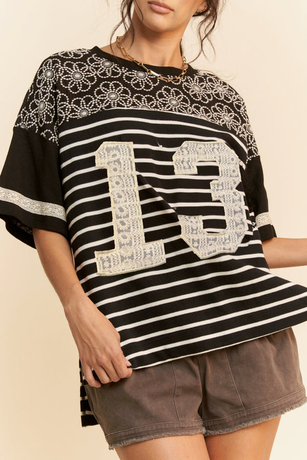 Davi & Dani Lace 13 Number Patches Yoke Short Sleeve Top