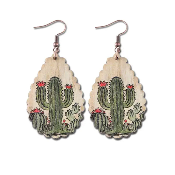 Wood Teardrop Earring - Cactus