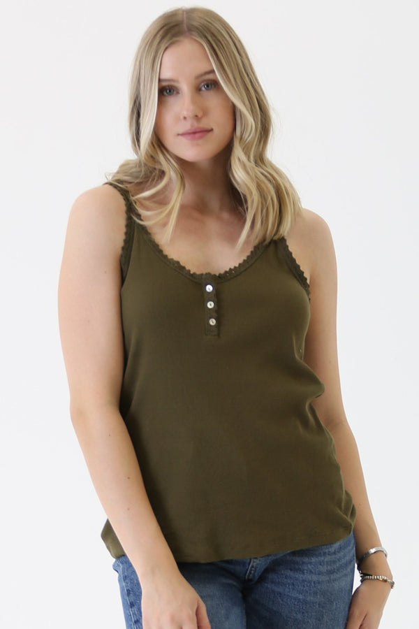 Angie Rib Knit Lace Trim Henly Tank Top Basic