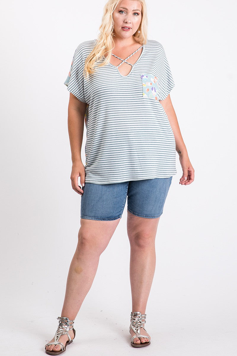 Stripe and Cute Animal print mix and match top w/pockets - Curvy Size