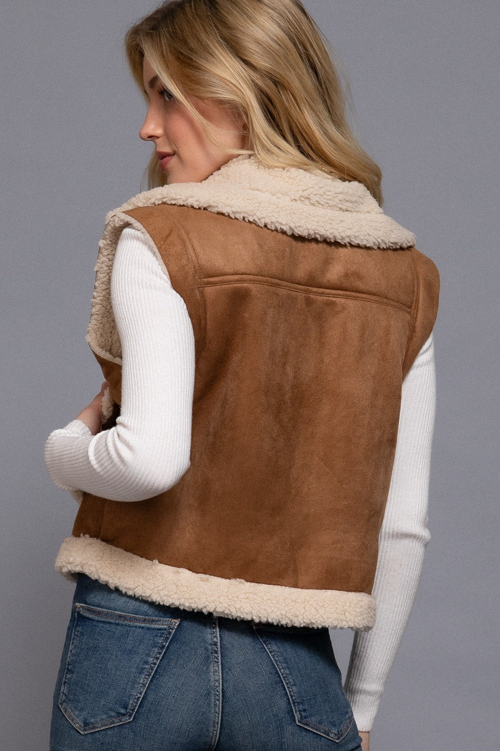 Faux Suede Inner Fur Zip Up Vest - Blush & Cactus