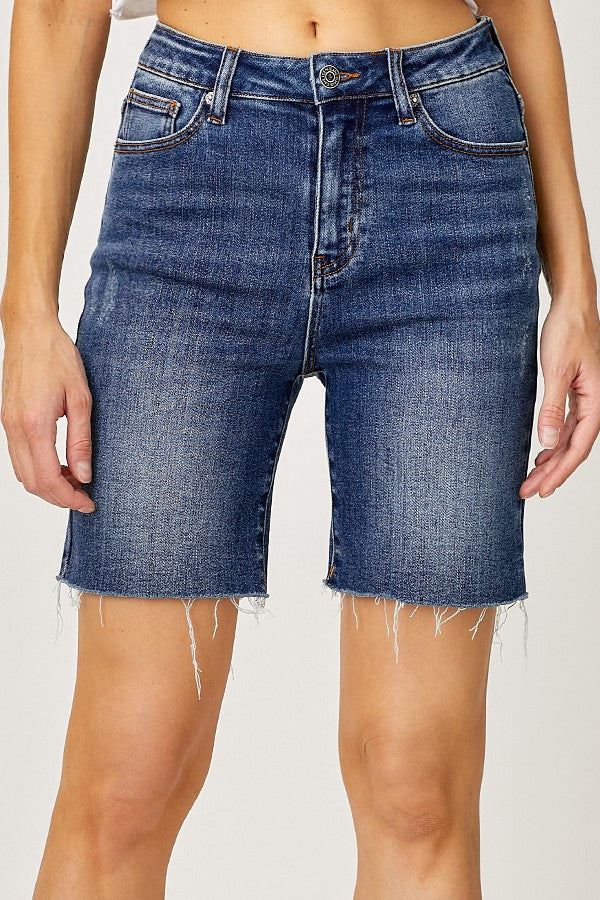 Risen High Rise Raw Hem Mid Thigh Shorts