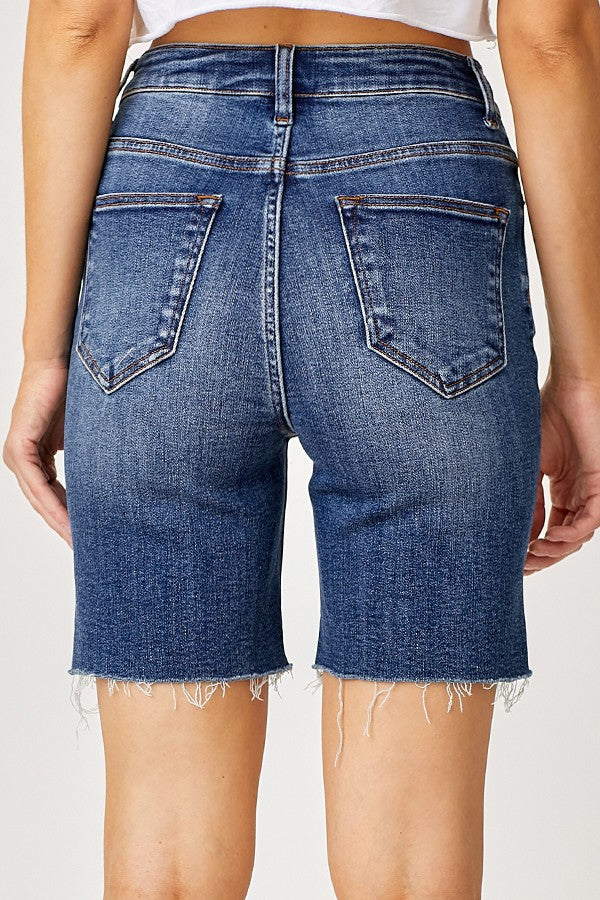 Risen High Rise Raw Hem Mid Thigh Shorts