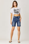 Risen High Rise Raw Hem Mid Thigh Shorts