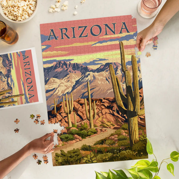1000 Piece Puzzle Arizona, Desert Cactus Trail Sunset - Blush & Cactus