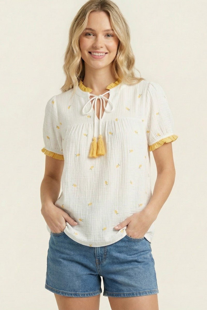 Gauze Fruit Embroidered Top - Blush & Cactus