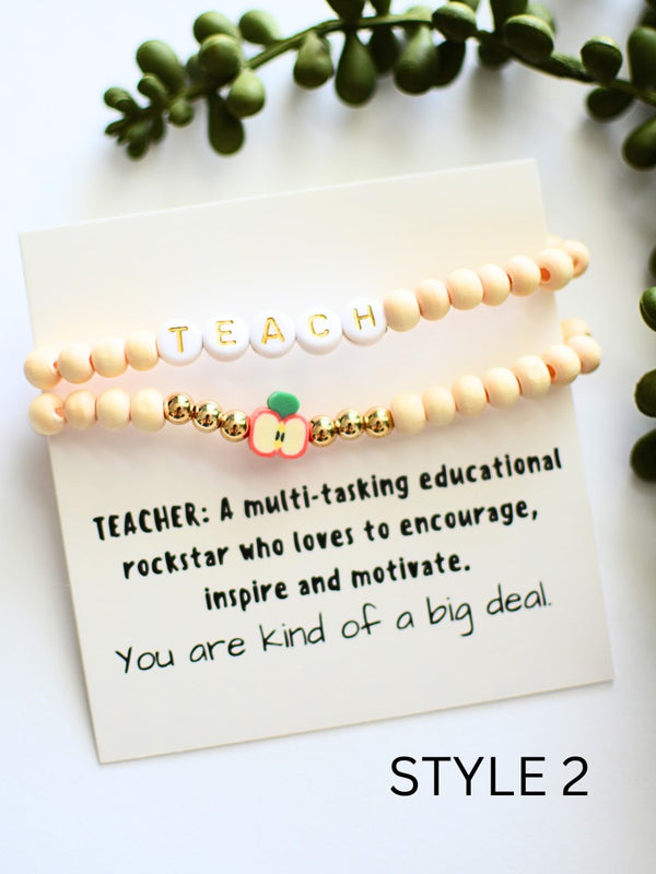 Wood bead Teacher bracelet set on thank you card