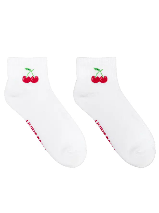 Classic Ankle Socks w/ Ribbed Tubing - Cherries - White