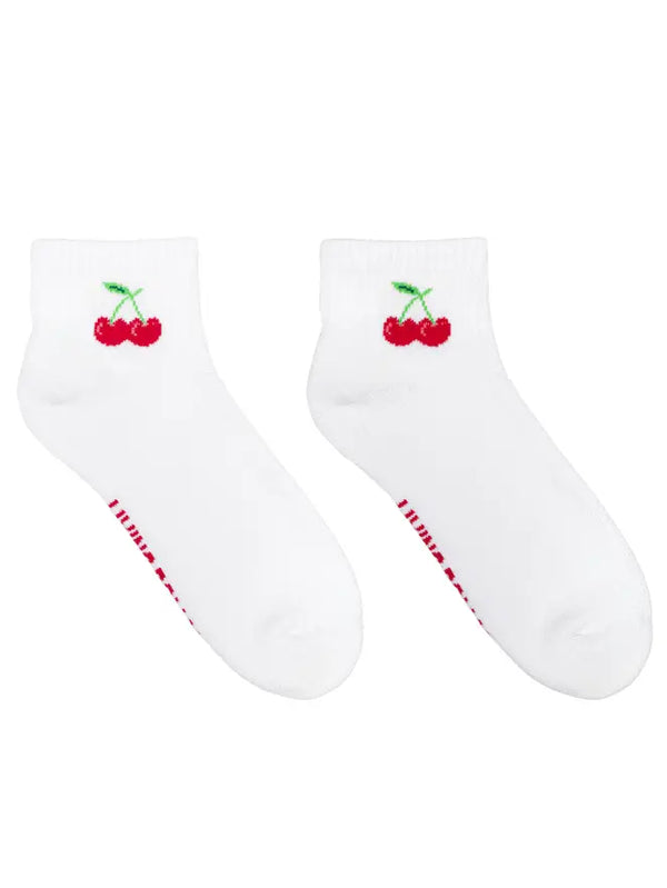Classic Ankle Socks w/ Ribbed Tubing - Cherries - White