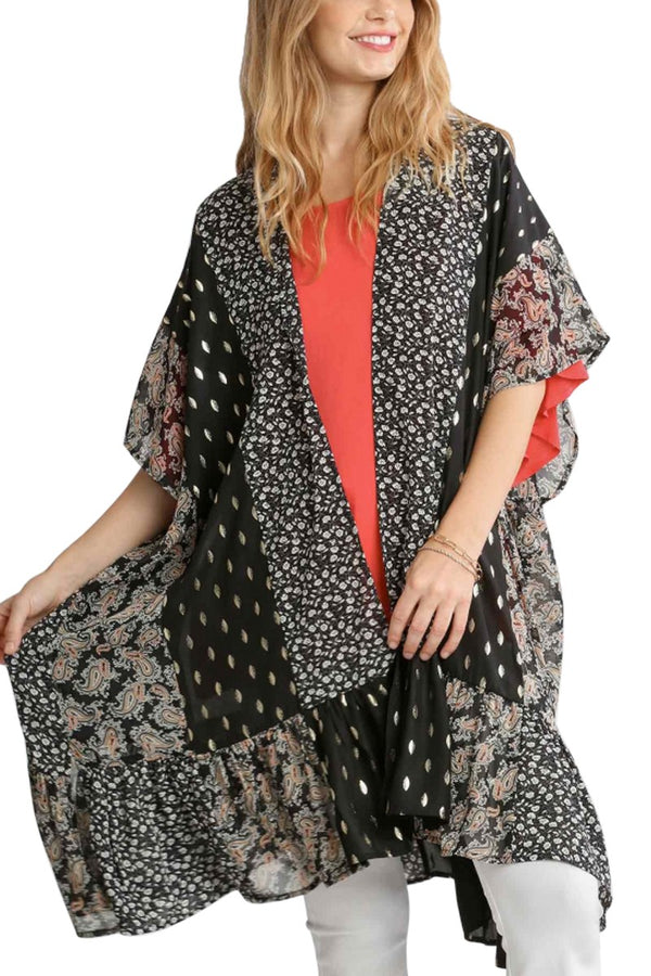 Umgee Sheer Mixed Print Open Front Kimono
