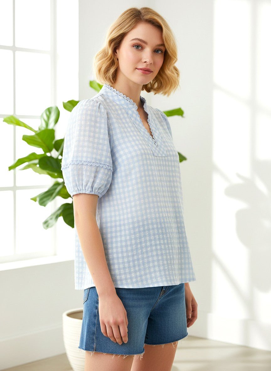 Blue Skies Gingham Puff Sleeve Top - Blush & Cactus