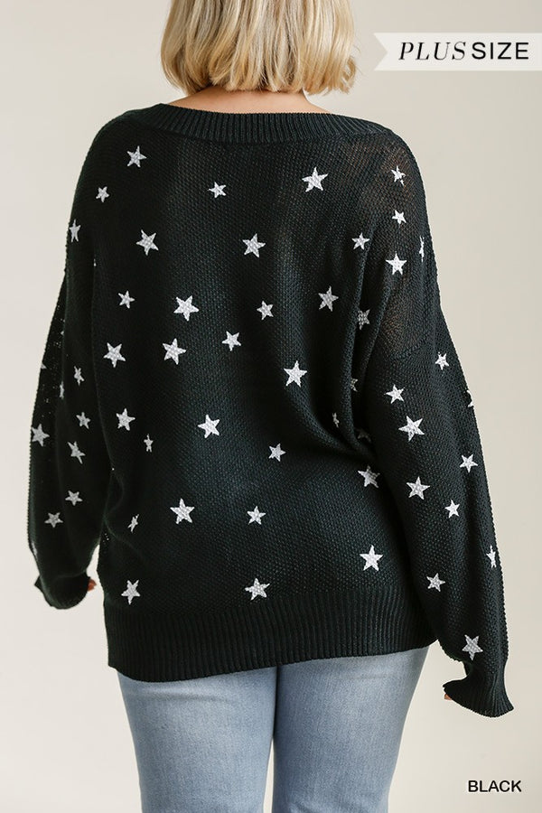 Star Hand Stamped V-Neck Pullover Sweater