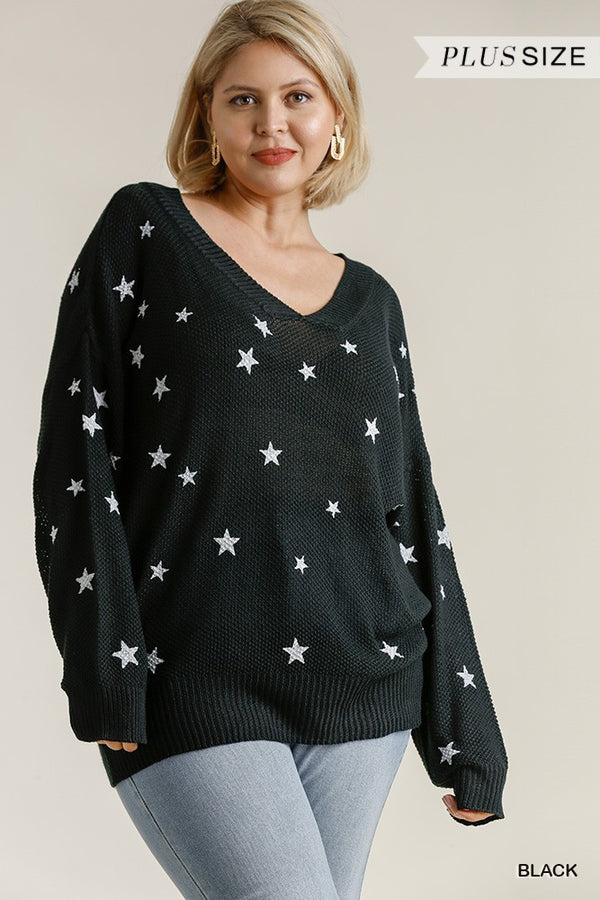 Star Hand Stamped V-Neck Pullover Sweater