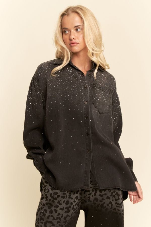 Davi & Dani Oversized Rhinestone Chest Pocket Denim Shirt - Blush & Cactus