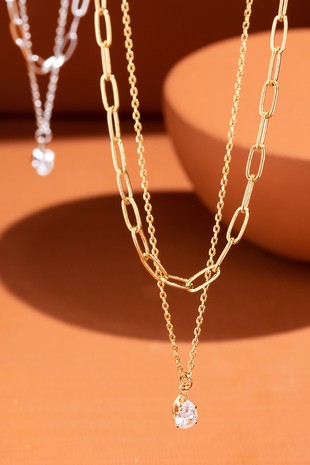 Pave and Brass Layered Chain Necklace