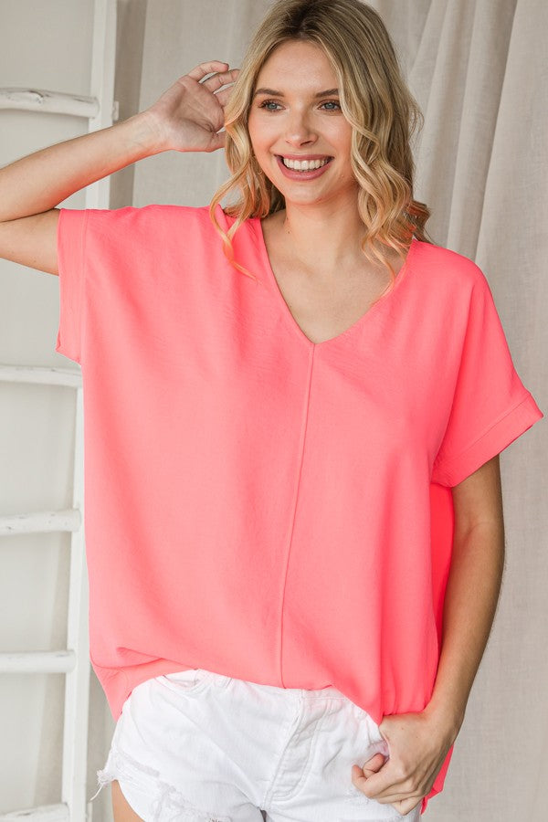 Solid V-neck Short Sleeve Relaxed Fit Woven Top