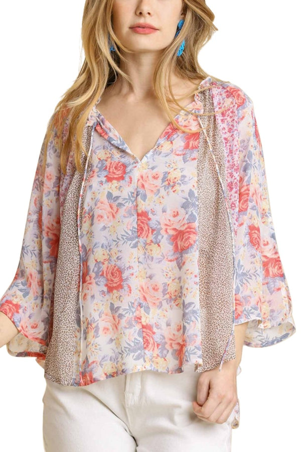 Umgee Mixed Print Sheer Flowy Cape Top with Front Tie