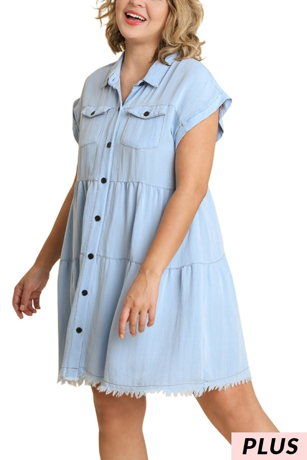 Garment Dye Short Sleeve Ruffle Dress - Curvy Size