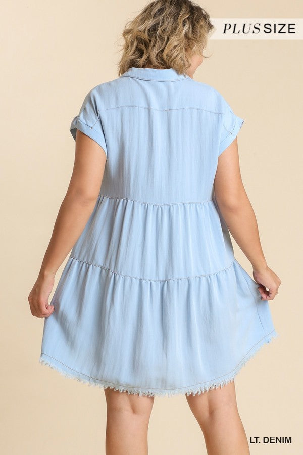 Garment Dye Short Sleeve Ruffle Dress - Curvy Size