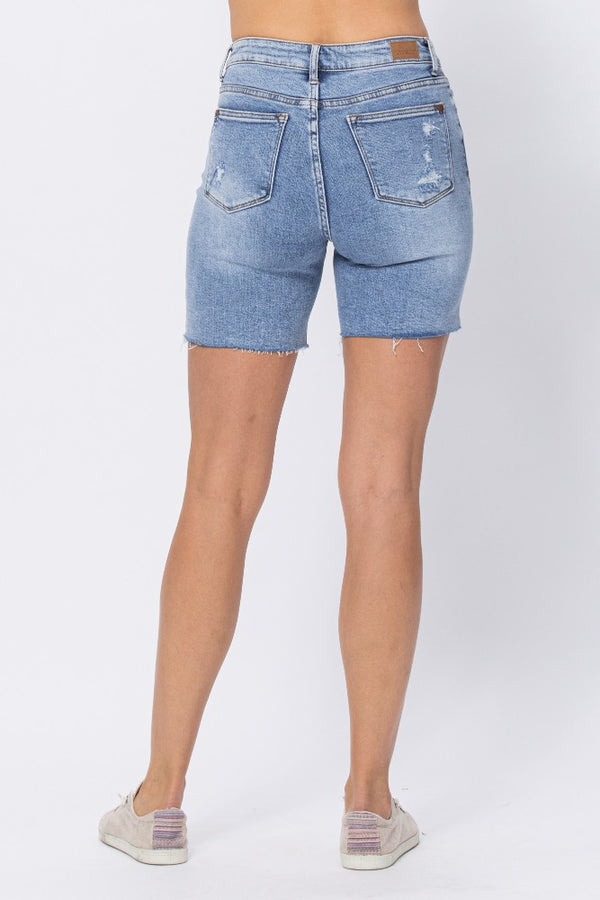 Judy Blue Mid Length Denim Patch Shorts