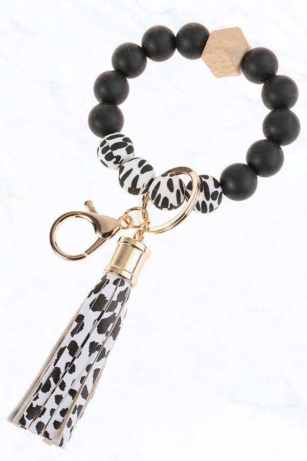 Leopard Silicone Ball Beaded with Tassel Keychain - 2 Colors